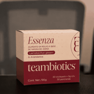 Caja de probióticos Essenza Teambiotics con arándanos y Lactobacillus gasseri.